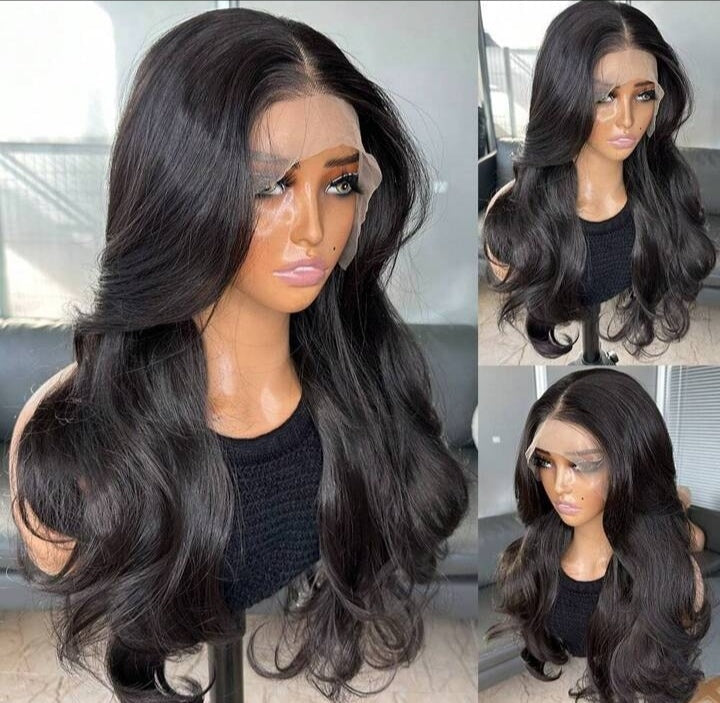 Natural Black Curtain Bangs Human blend Lace Front Wig